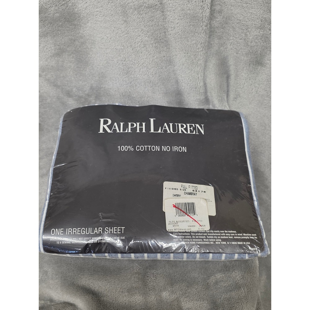 Ralph Lauren Full Fitted Sheet Chambray Blue White Striped 100% Cotton No Iron